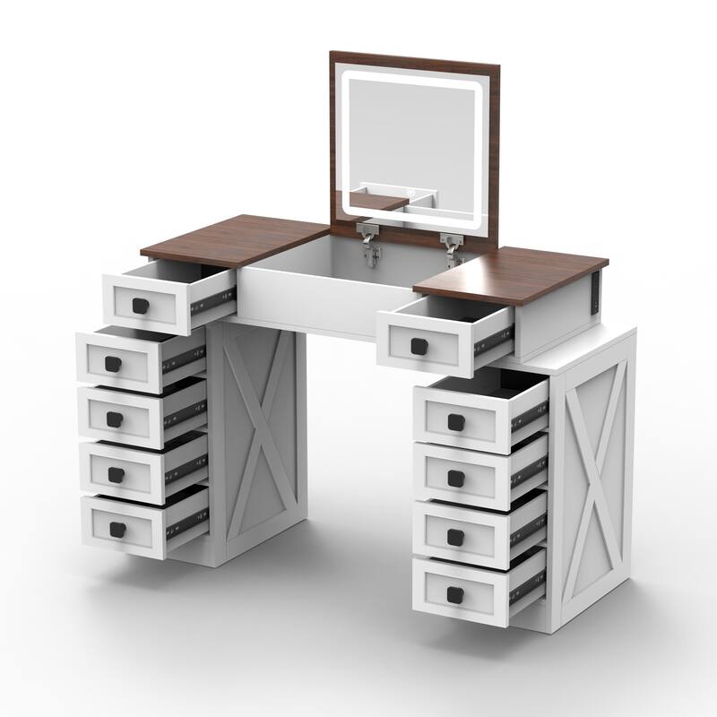 Vanity Desk with Dimmable LED Light with 10 Drawers