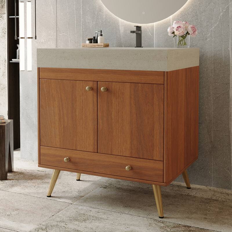 Mid-Century 30" Freestanding Bathroom Vanity with Faux Marble Top, Ceramic Sink & Gold Legs Cabinet