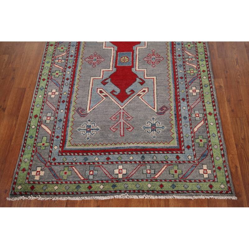 Kazak Accent Rug Hand-Knotted Grey Geometric Wool Carpet - 3'4" x 5'0"