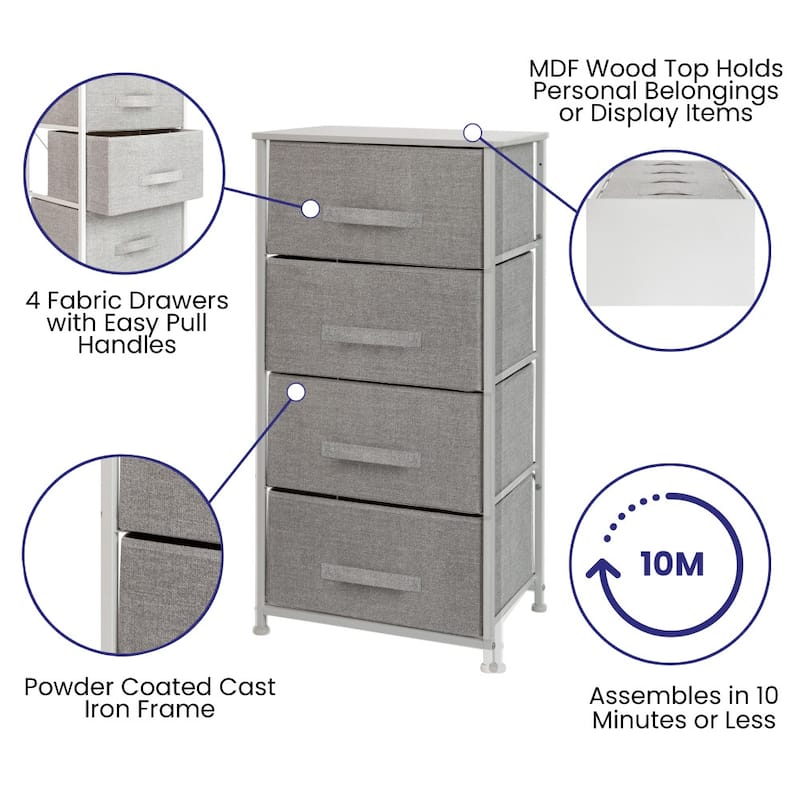 4 Drawer Vertical Storage Dresser with Wood Top & Fabric Pull Drawers