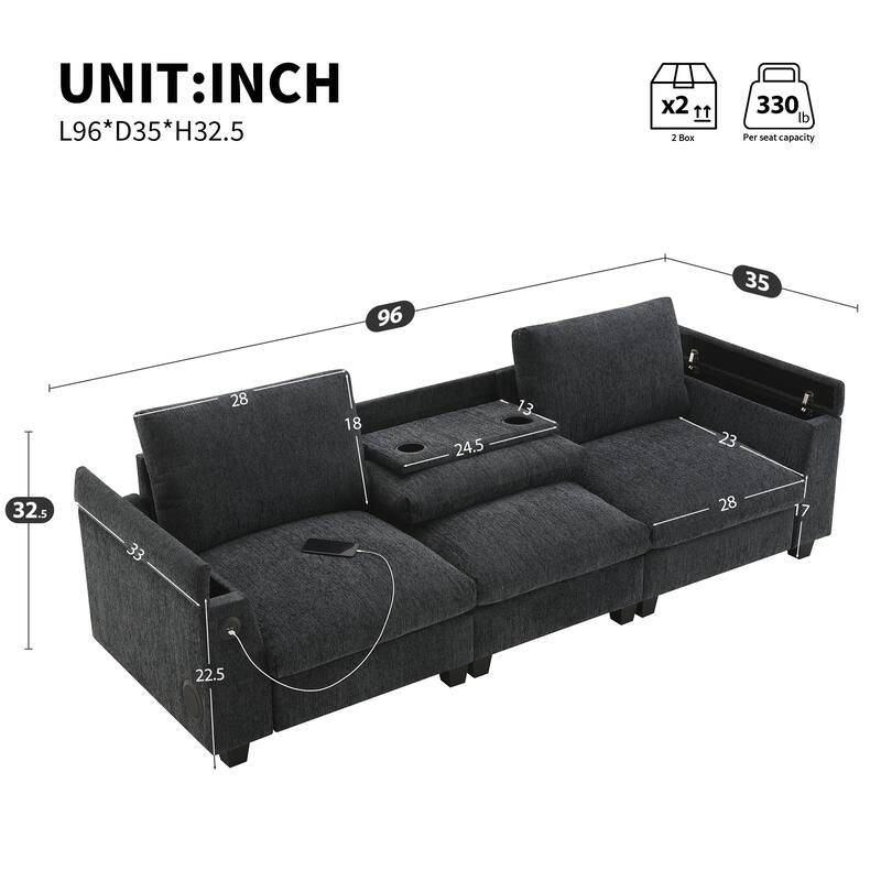 96" Chenille Smart Sectional Sofa with Bluetooth & USB
