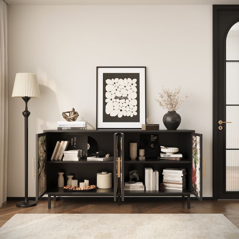 60.3" 4-Door Buffet Sideboard Cabinet, Glazed Art Storage Console