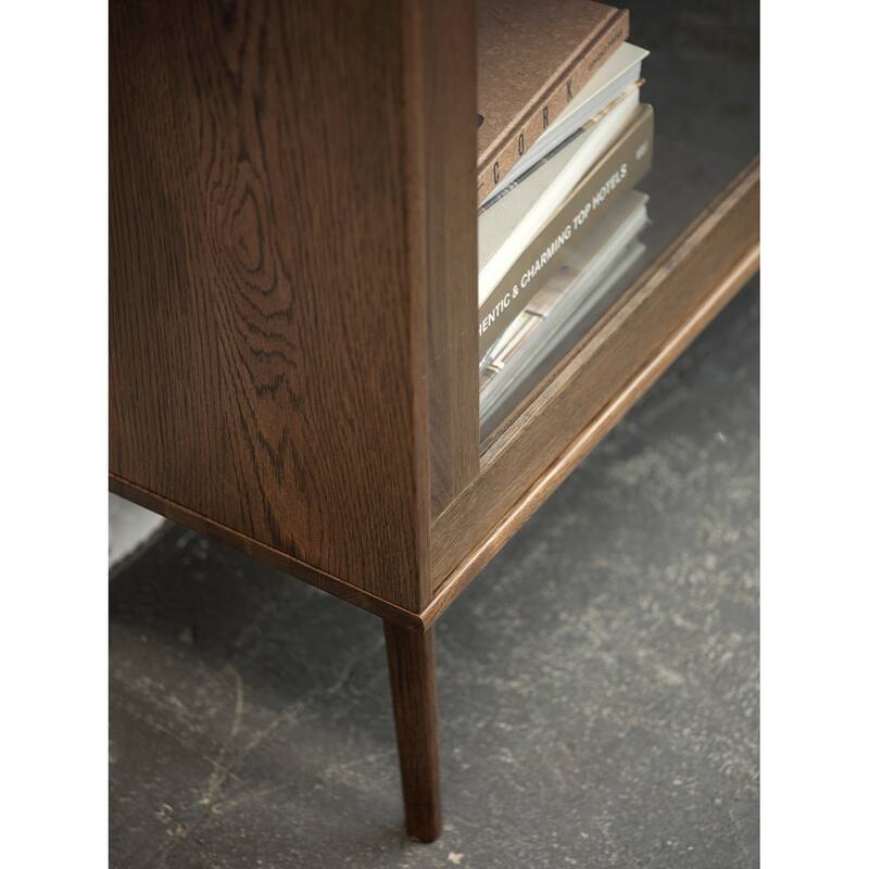 Rye Studio Bailyn Modern Oak and Rattan Sliding Glass Door Cabinet, Smoked Oak