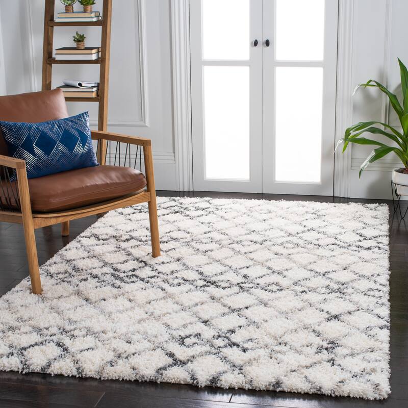 SAFAVIEH Fontana Shag Stamena Moroccan 2-inch Thick Rug - 10' x 14' - Ivory/Grey