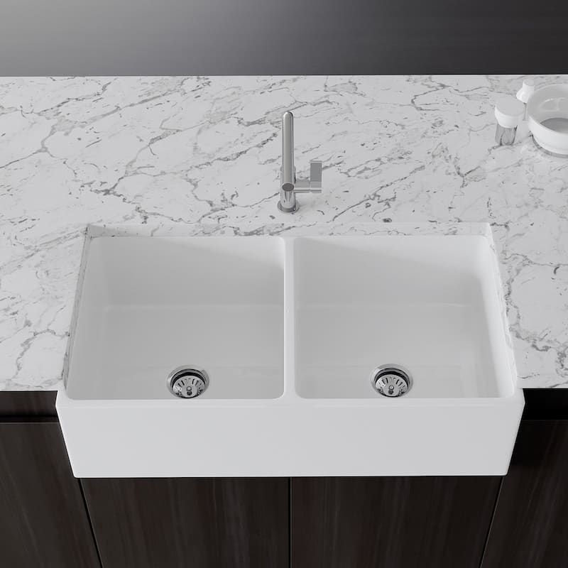36 x 19 Inch Fireclay Kitchen Sink, Farmhouse Sink, White Fireclay Kitchen Sink, Double Bowl Apron Front, Plain... - 36"x19"