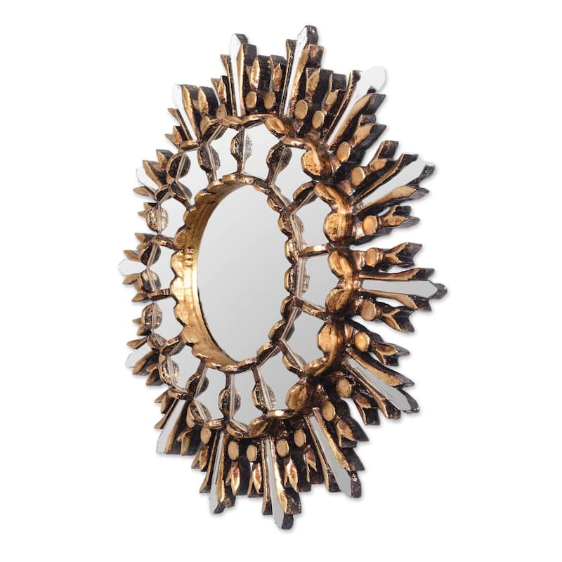Handmade Shiny Sun Bronze gilded cedar wood wall mirror (Peru) - 1.2" H x 11.5"