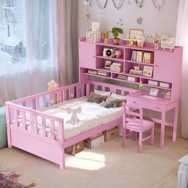 slide 2 of 20, Multifunctional Twin Size Wood Bookshelf Platform Bed with Built-in Desk and Chair Pink