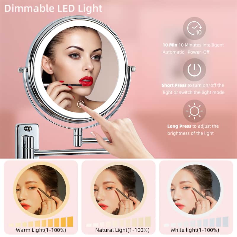 Wall Mounted Makeup Mirror Lighted 10X Magnifying 8" 3 Color Mode