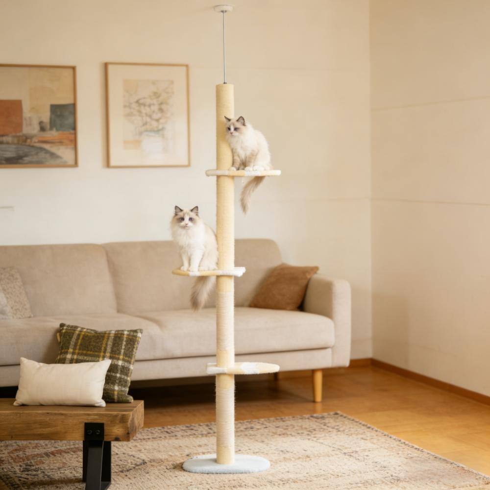 Cat Tree,4-Tier Floor to Ceiling Cat Tree Soft and plush while featuring double cushions in basket bed - Blue+Yellow,White