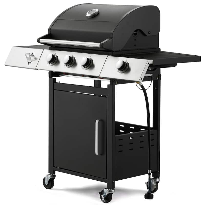 Outdoor Propane Gas Grill with Side Burner, Cast Iron Grates, Storage Cabinet, Easy Clean for Backyard & Patio - Black - Propane Gas