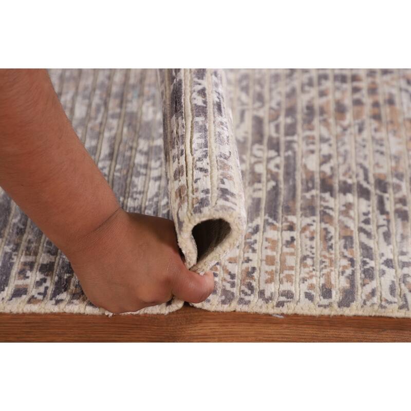 Beige Striped Abstract Oriental Accent Rug Handmade Wool Carpet - 2'9"x 4'10"