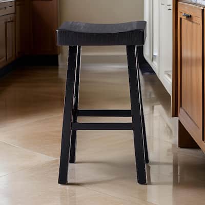 Bianca Barstool Set of 2, Saddle Seat, Farmhouses Style Black Solid Wood