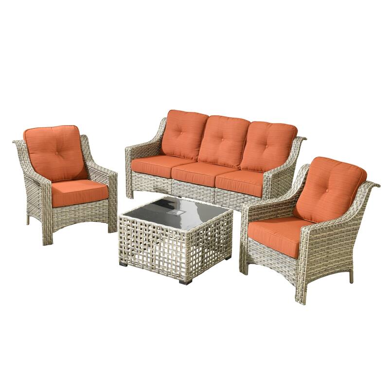 HOOOOWOOO 5-piece Wicker Rattan Patio Outdoor Furniture Ergonomic Conversation Set with Coffee Table