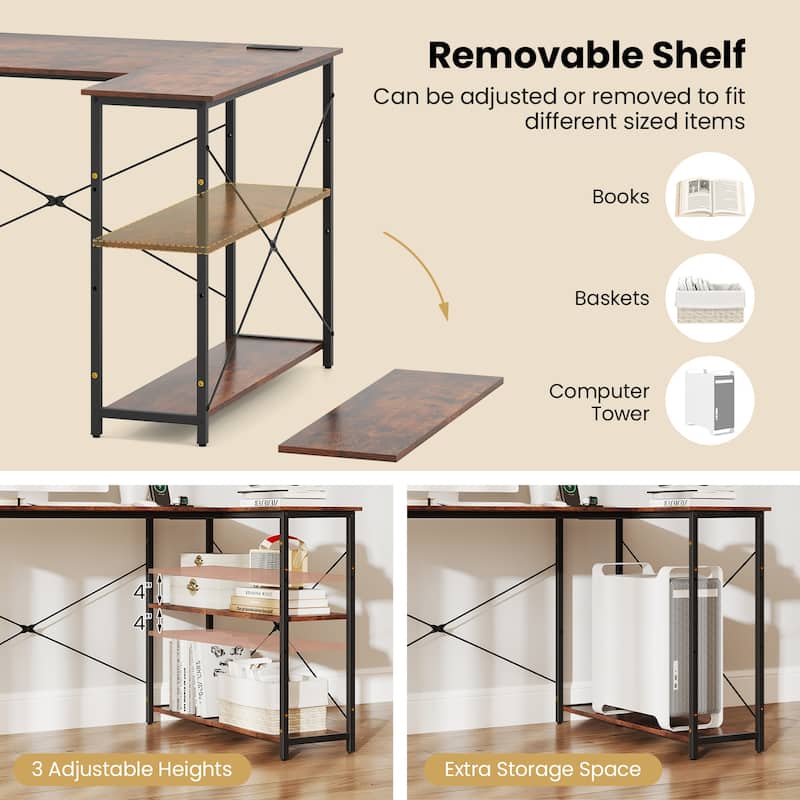 L-Shaped Engineered Wood Corner Desk with Charging Ports and Shelves