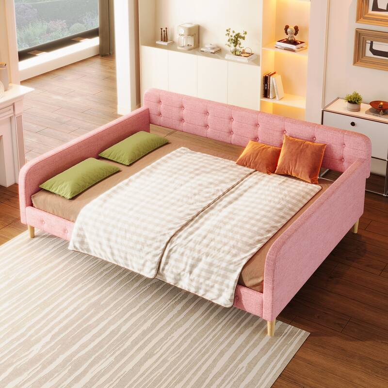 Elegant Style Linen Fabric Daybed, Upholstered Tufted Button Platform Sofa Bed Frame with 4 Solid Pine Wood Legs