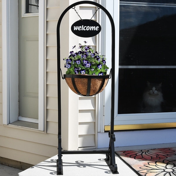 Sunnydaze Hanging Basket Flower Planter Stand with Metal Welcome Sign - 45"