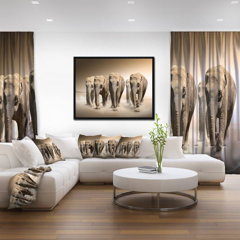 Designart "Walking Herd of Elephants" Animal Framed Canvas Wall Art
