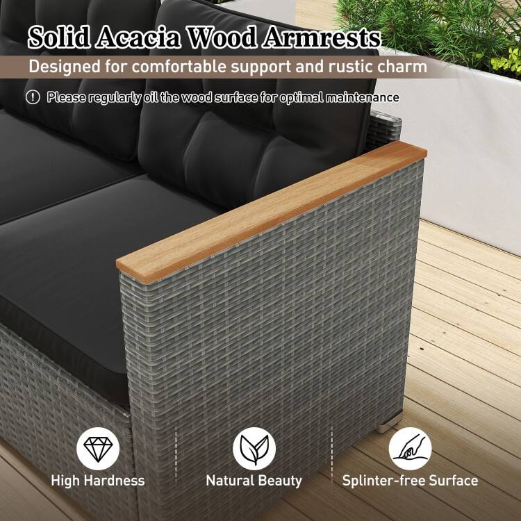 Mix Grey PE Rattan 3-Seater Outdoor Sofa with Black Cushions - 26" x 76" x 25.5"