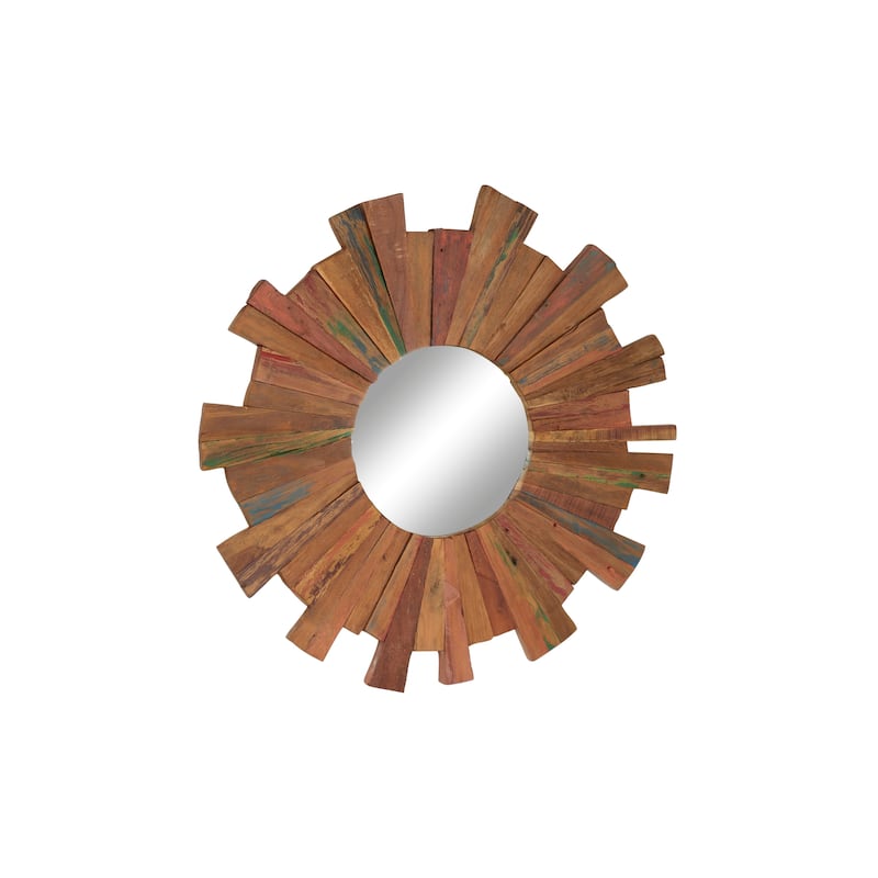 Large Eclectic Brown Reclaimed Wood Round Wall Mirror, 35.5"