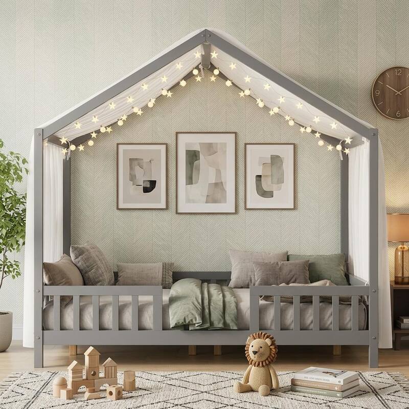 Whimsical Montessori-Inspired Floor Bed with Canopy & Full Safety Rails by Harper&Bright Designs