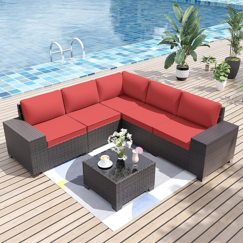 Delnavik Patio Furniture Set Sofa 6-Piece Wicker Sectional Sofa Set, Outdoor Furniture Rattan Patio Sofa Conversation Set - Red
