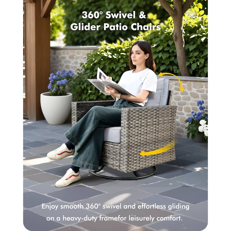 OVIOS 10 Pieces Outdoor Swivel Chair Set with Solar-Powered Table & 54" Fire Table