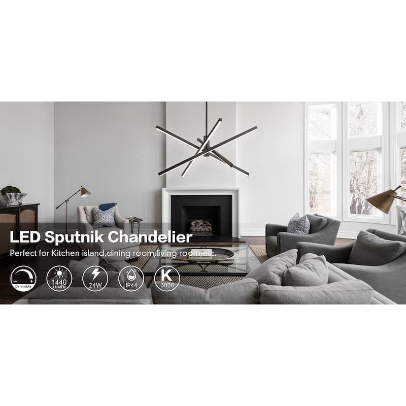 4-Light Modern Linear Pendant Island Lighting Sputnik Dimmable Integrated LED Chandelier for Dining Room