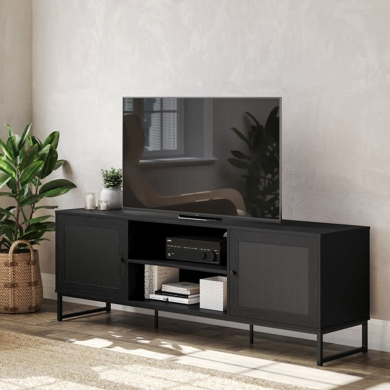 65" TV Stand with Rattan Accented Storage Doors - 66"W x 15.75"D x 22.75"H - Black