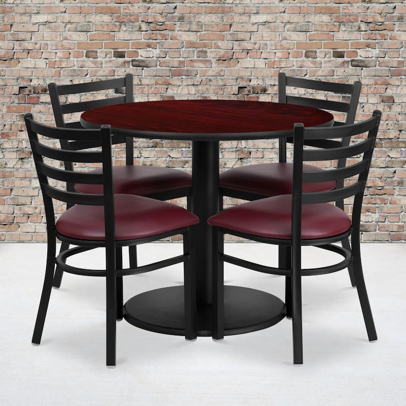 36'' Round Laminate Table Set with Round Base and 4 Ladder Back Metal Chairs