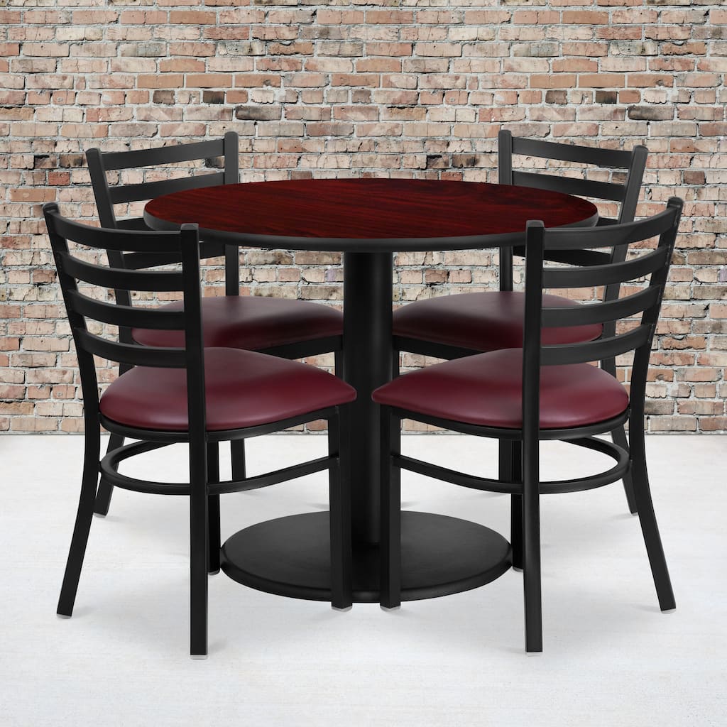 36'' Round Laminate Table Set with Round Base and 4 Ladder Back Metal Chairs