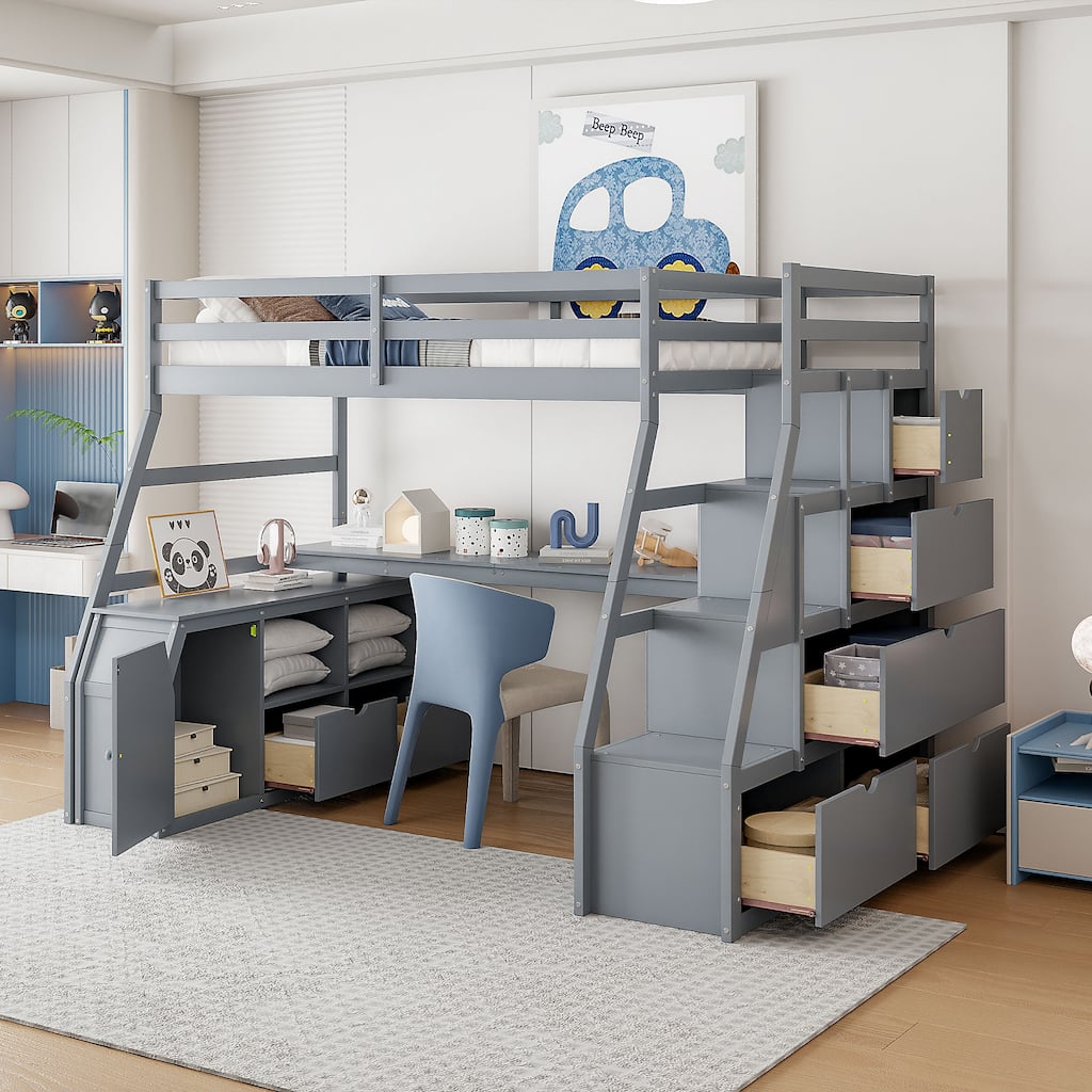 Gray Full Size Wood Loft Bed with 7 Drawers 2 Shelves, Ladder and Desk for Kids, Bedroom