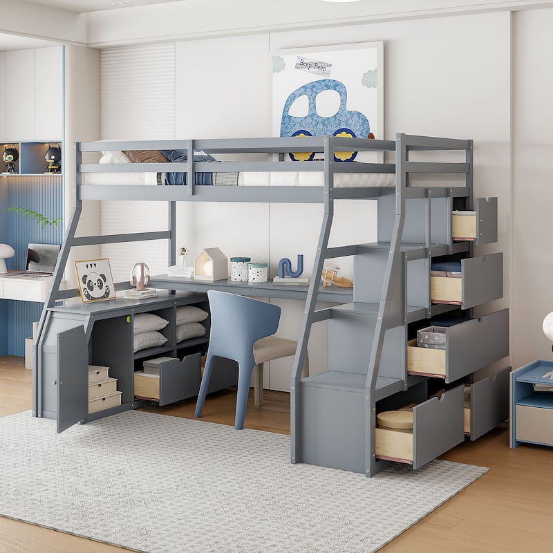 Gray Full Size Wood Loft Bed with Drawers, Shelves, Ladder, and Desk - Full - Gray