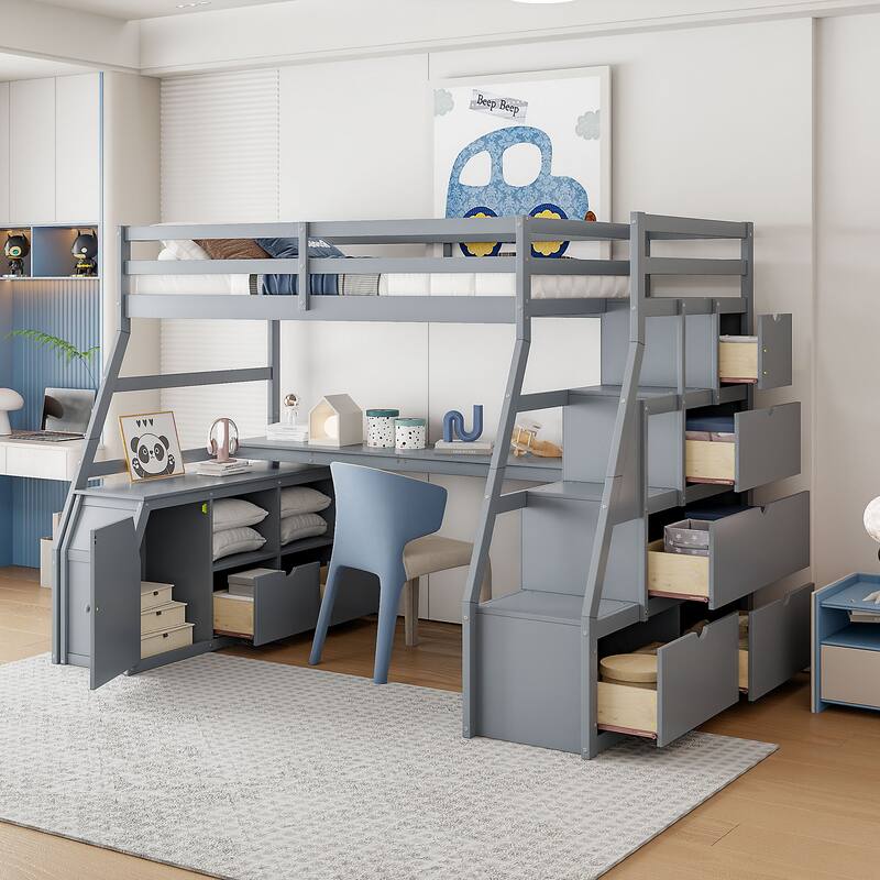 Space-Saving Full Loft Bed with Built-in Desk, 7 Drawers, 2 Shelves & Playhouse-Inspired Fence Design - Grey