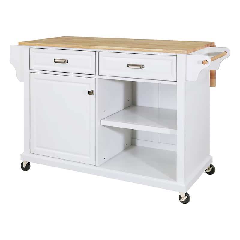 Natural Wood Topped Kitchen Island with Storage, Mobile Kitchen Cart