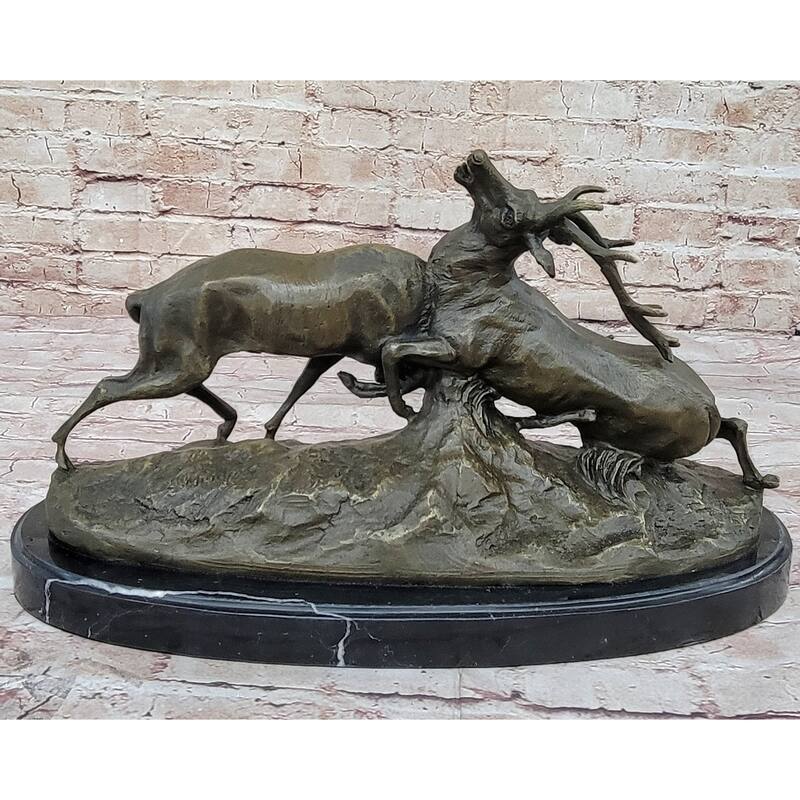 Two Elk Fighting Bronze Sculpture Animal Wildlife Marble Base Figurine Figure