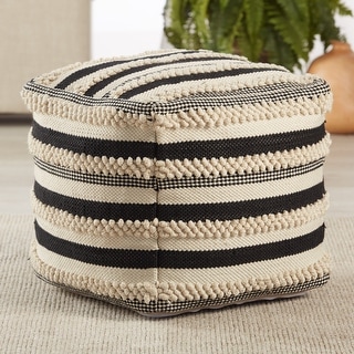 Morwena Indoor/ Outdoor Striped Black/ Cream Pouf/ Floor Pillow - 16"X16"X16"