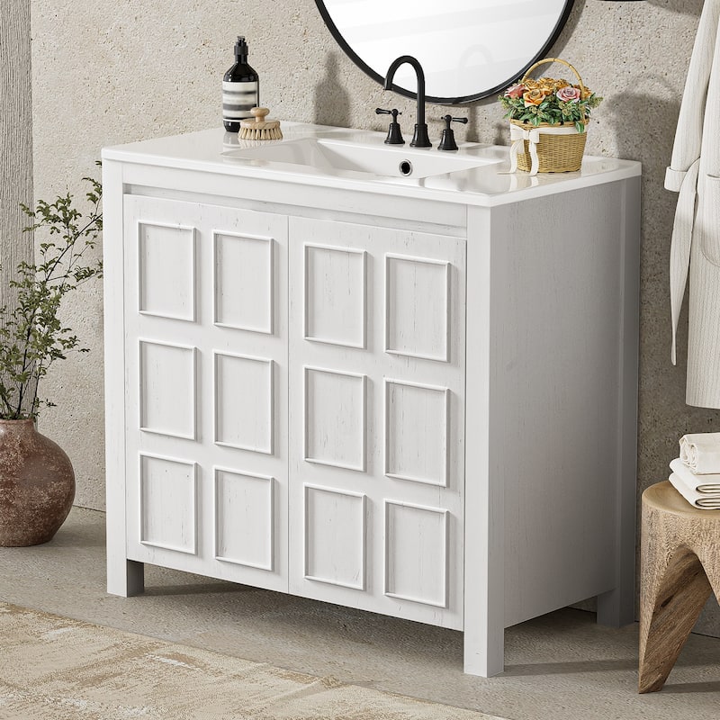 GDFStudio - Elysia Wood Bathroom Vanity with Ceramic Sink & Storage Cabinet Organizer - 36" - Antique White