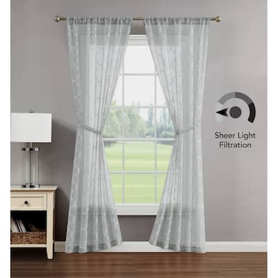 Creative Home Ideas Selena Embroidered Sheer Rod Pocket Window Curtain Panel Pair with Tiebacks