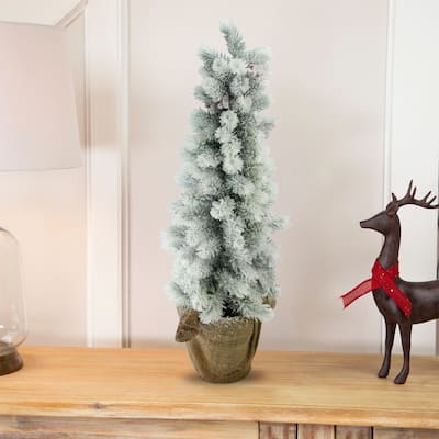 2ft Potted Flocked Mini Pine Slim Christmas Tree with Berries - Unlit - 2 Foot