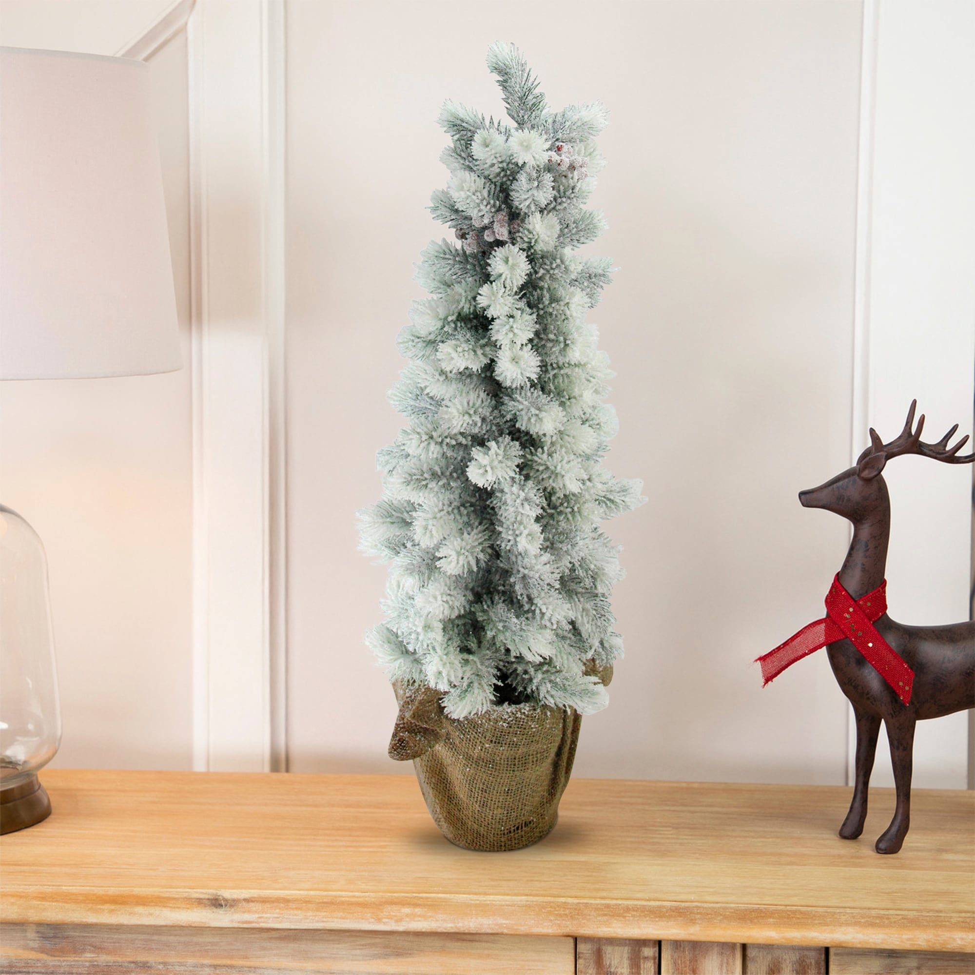 Potted Flocked Mini Pine Slim Christmas Tree with Berries - 2' - Unlit - 2 Foot