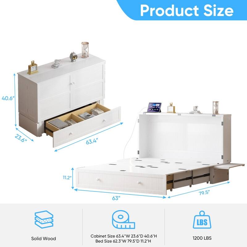 Mixoy Queen Murphy Bed Chest with Charging Station and Storage Drawer,No Mattress