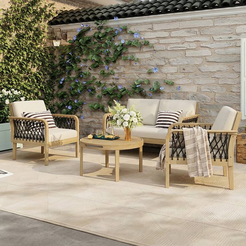 Christopher Knight Home - Outdoor 4-Piece Chat Set with Acacia Loveseat, Armchairs & Coffee Table, Handwoven Rope Accents - Light Teak+Dark Grey Rope+Cream Cushion