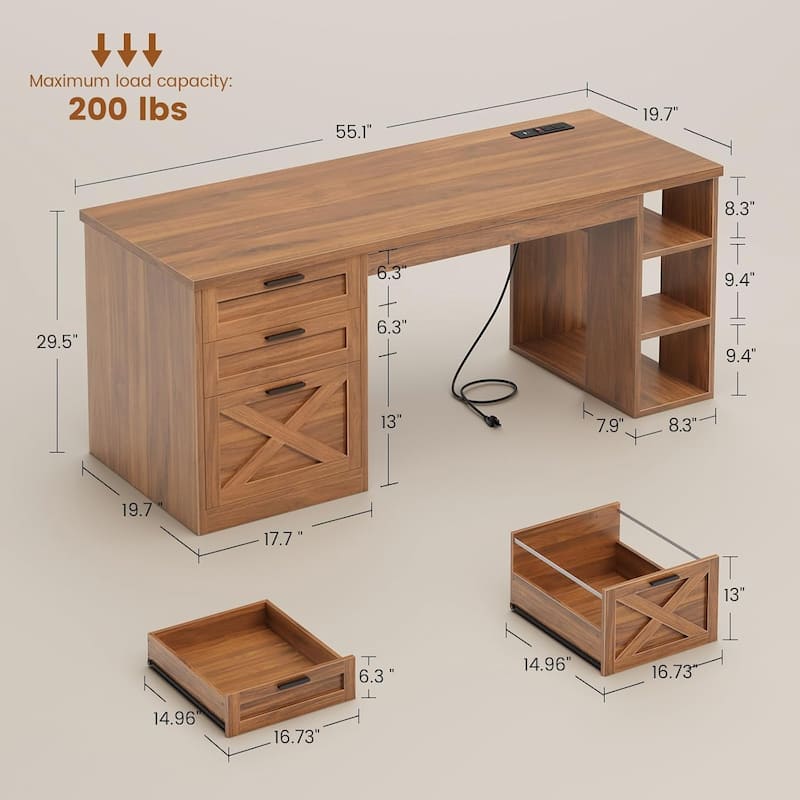 Farmhouse Executive L Shaped Desk Home Office Desk with Drawers and Storage Cabinet & Power Outlet