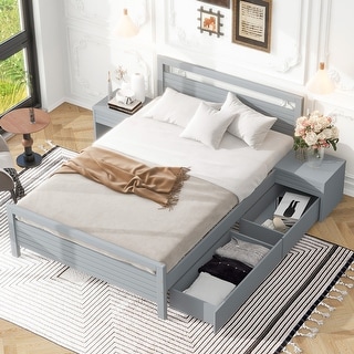 Platform Bed with Headboard and Storage Drawers & 2 Bedside Tables, Bedroom Wood Bed Frame for Kids Teens Girls Boys