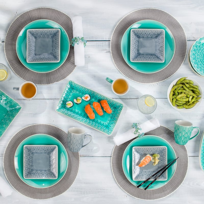 Euro Ceramica Peacock 4 Piece 6.5" Square Appetizer / Canape Plate Set in Grey - 6.5 in. x 6.5 in. x 0.8 in.