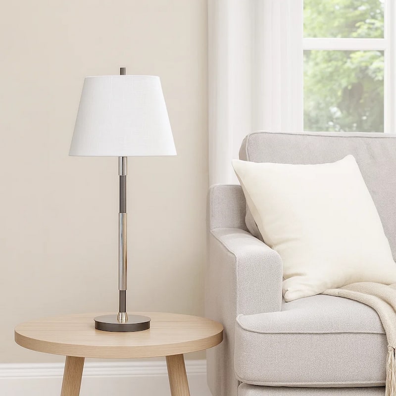 Siu 30 Inch Table Lamp, Chrome Metal Thin Pole w Finial, White Shade