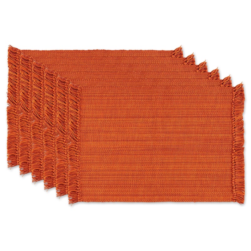 Knotted Fringe Rectangular Woven Cotton Placemats - 19" - Burnt Orange - Set of 6