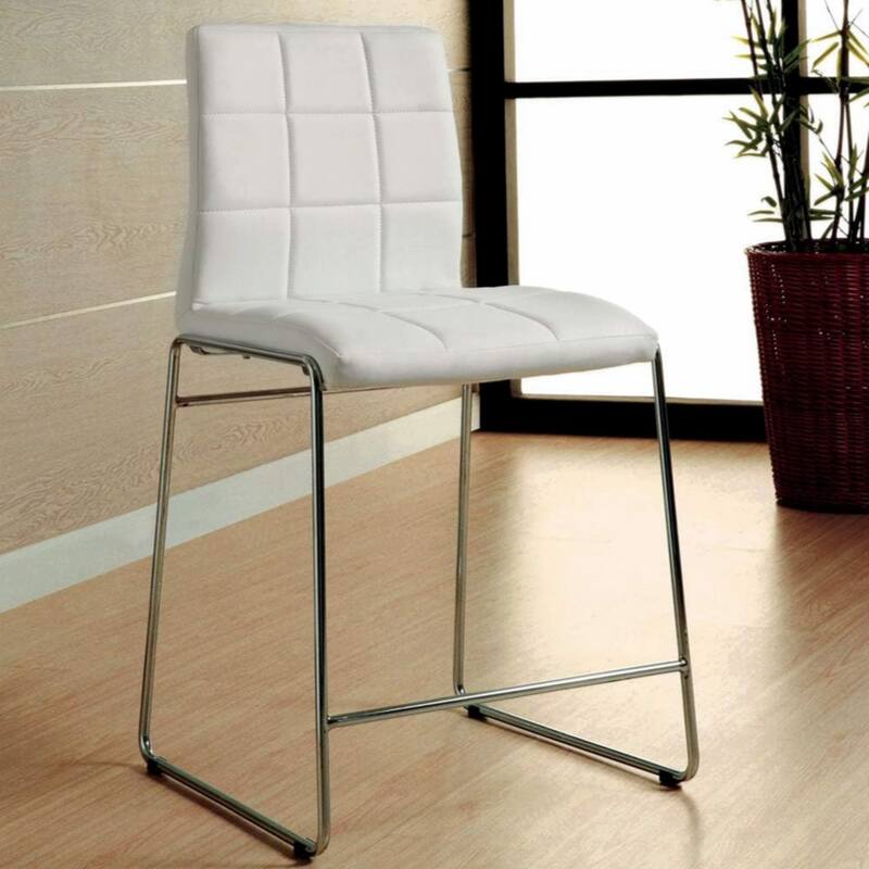 White Color Leatherette 2pcs Counter Height Dining Chairs Chrome Metal Legs Dining Room Counter Height Chairs - White