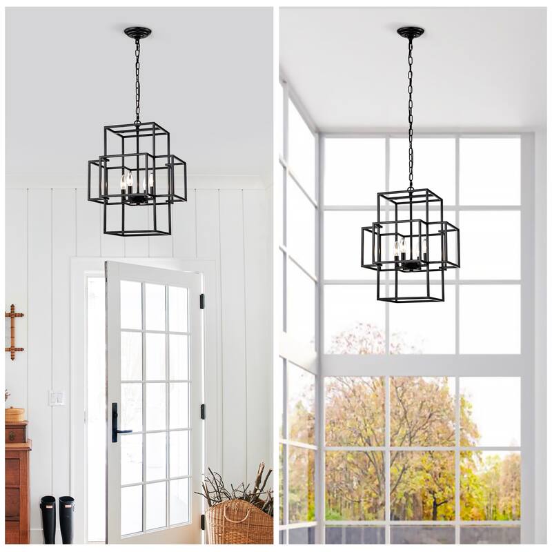 Industrial 4-Light Farmhouse Lantern Chandelier, Adjustable Height, for Dining Room and Kitchen, E12 Bulbs Not Included