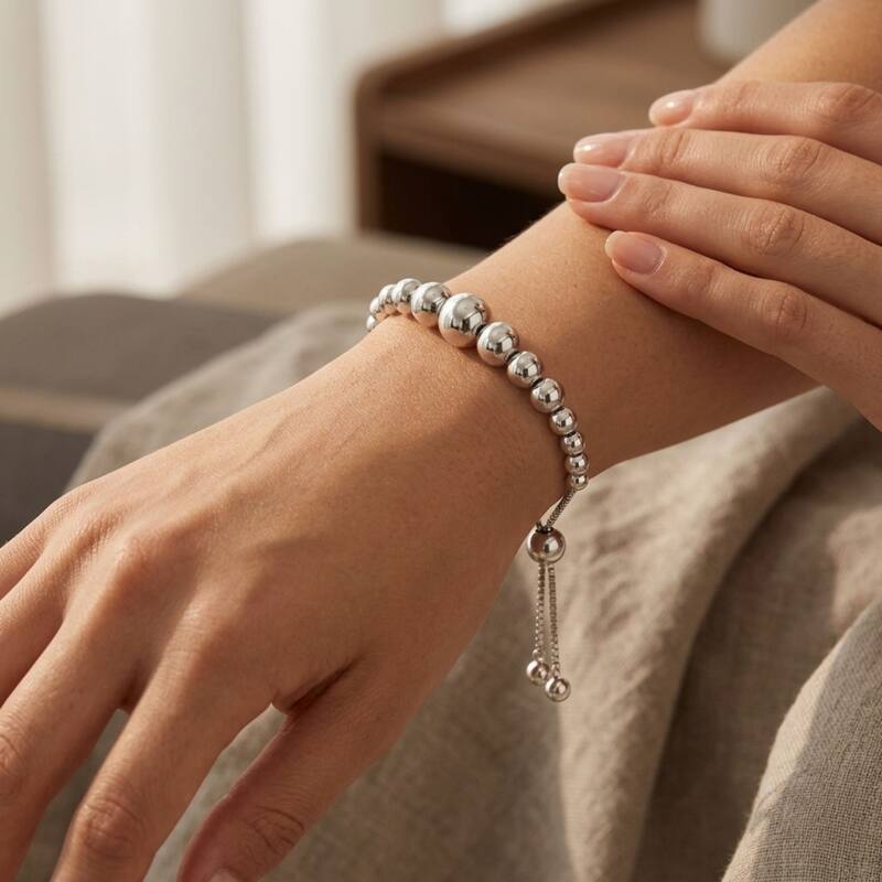 Fremada Rhodium Plated Sterling Silver Graduated Polished Ball Bolo Bracelet